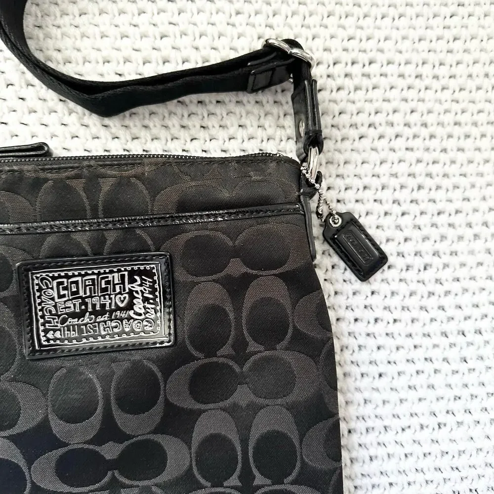 Coach Black Canvas Signature Poppy Patent Patch Small Slim Crossbody Bag - Picture 7 of 12